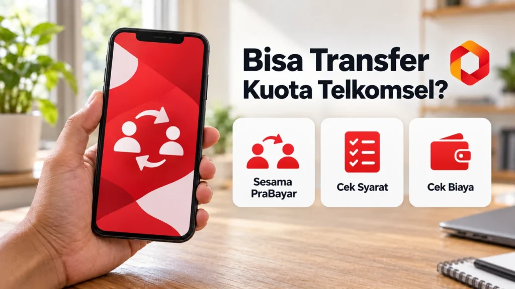 Tangan memegang ponsel dengan ilustrasi berbagi kuota serta panel syarat dan biaya transfer.
