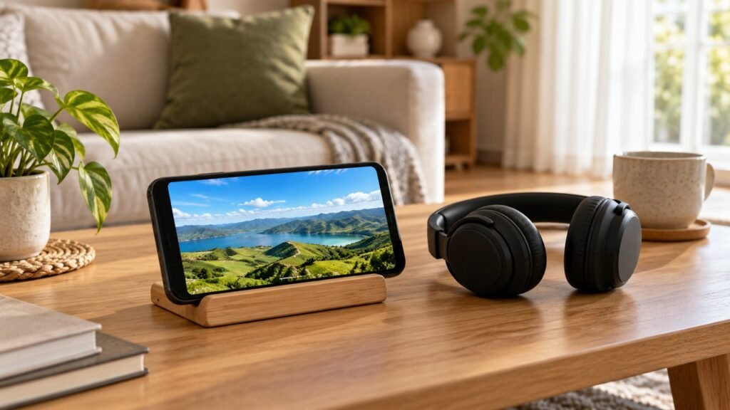 Ponsel menampilkan video pemandangan di atas penyangga kayu dengan headphone di meja ruang keluarga.