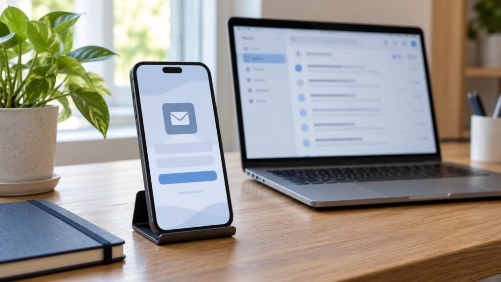 Ponsel dan laptop di meja kerja sebagai ilustrasi tidak bisa login MyTelkomsel menggunakan email.