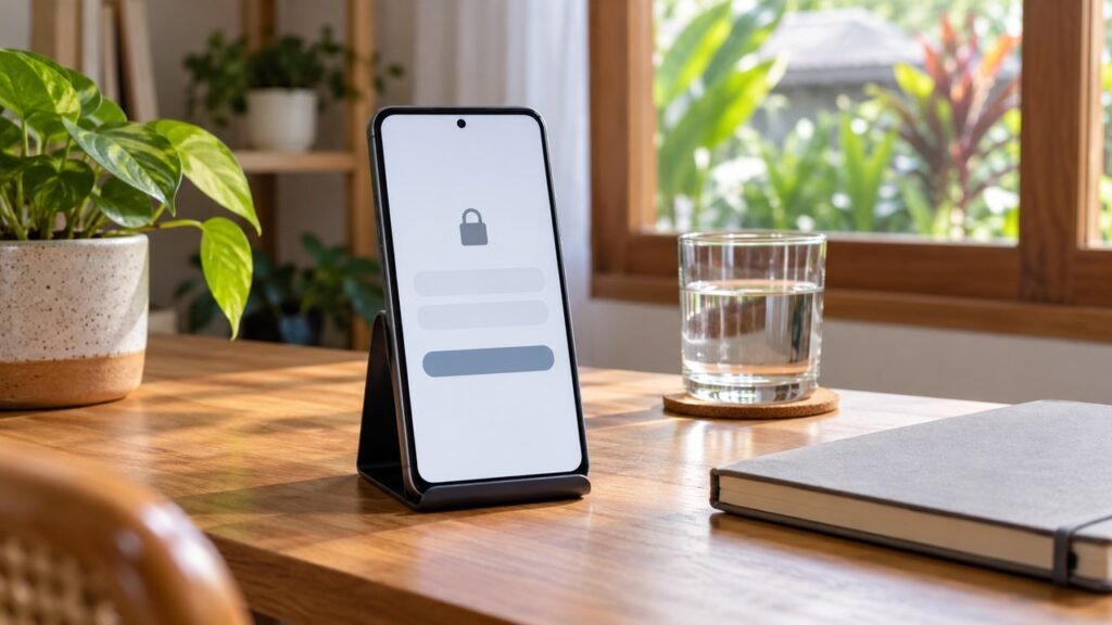 Ilustrasi MyTelkomsel selalu minta login ulang berupa ponsel dengan ikon gembok di atas meja kayu.