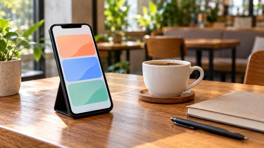 Ponsel dengan layar generik di samping cangkir kopi dan buku catatan pada meja kafe.