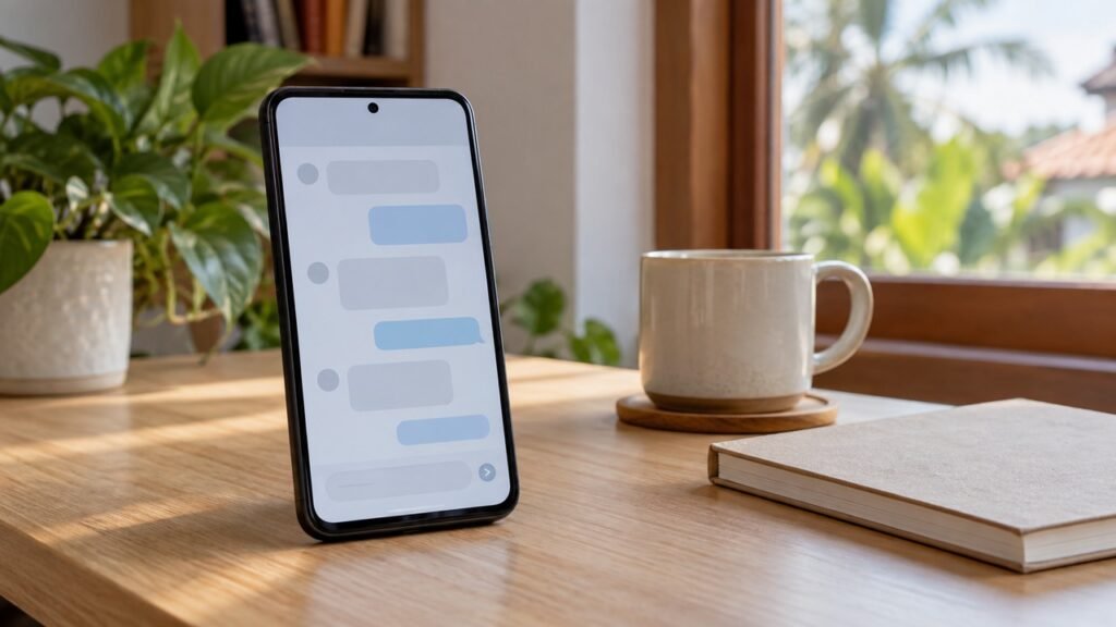 Ponsel di meja kayu sebagai ilustrasi kendala SMS login MyTelkomsel tidak masuk.